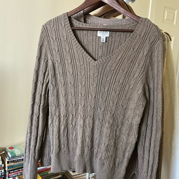 Cotton Cable Knit V-Neck Sweater - Brown - Picture 1 of 5